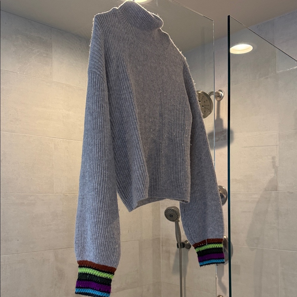 Lisa Todd Gray Sweater with Multicolor Striped Cuffs